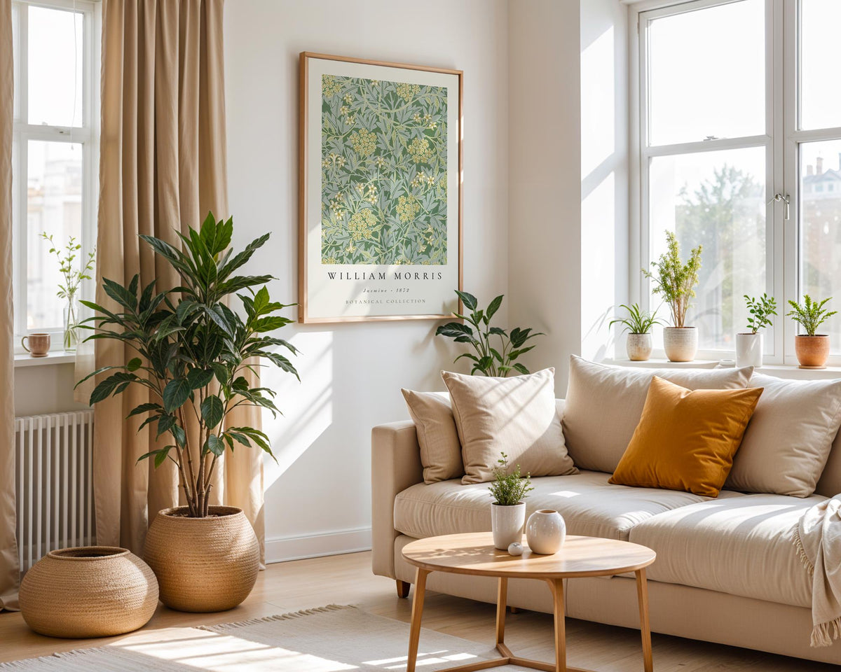A bright and airy living room with a large window, a sofa, a coffee table, and several potted plants. The room has a modern and minimalist design, with neutral colors and natural light.