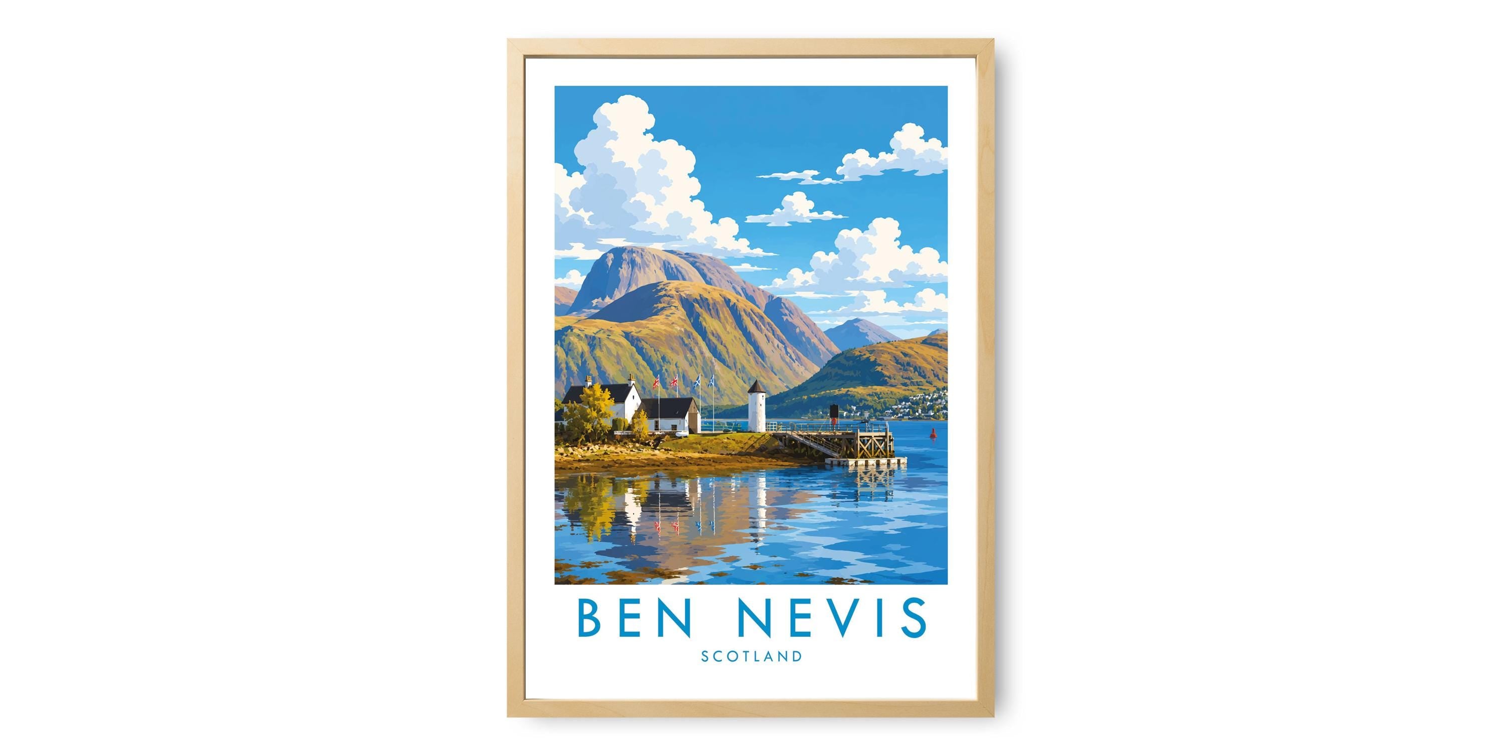 The image is a framed poster depicting a scenic landscape with mountains, a lake, and a small town or village. The poster is framed in a wooden frame and is set against a white background.