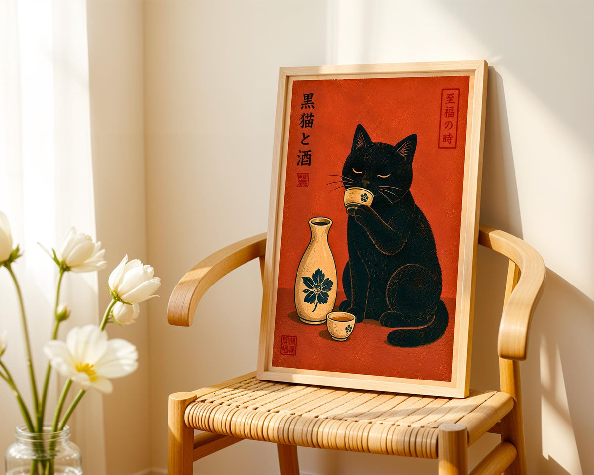 A framed illustration of a black cat sitting next to a vase and a cup, with a red background and some Chinese characters.