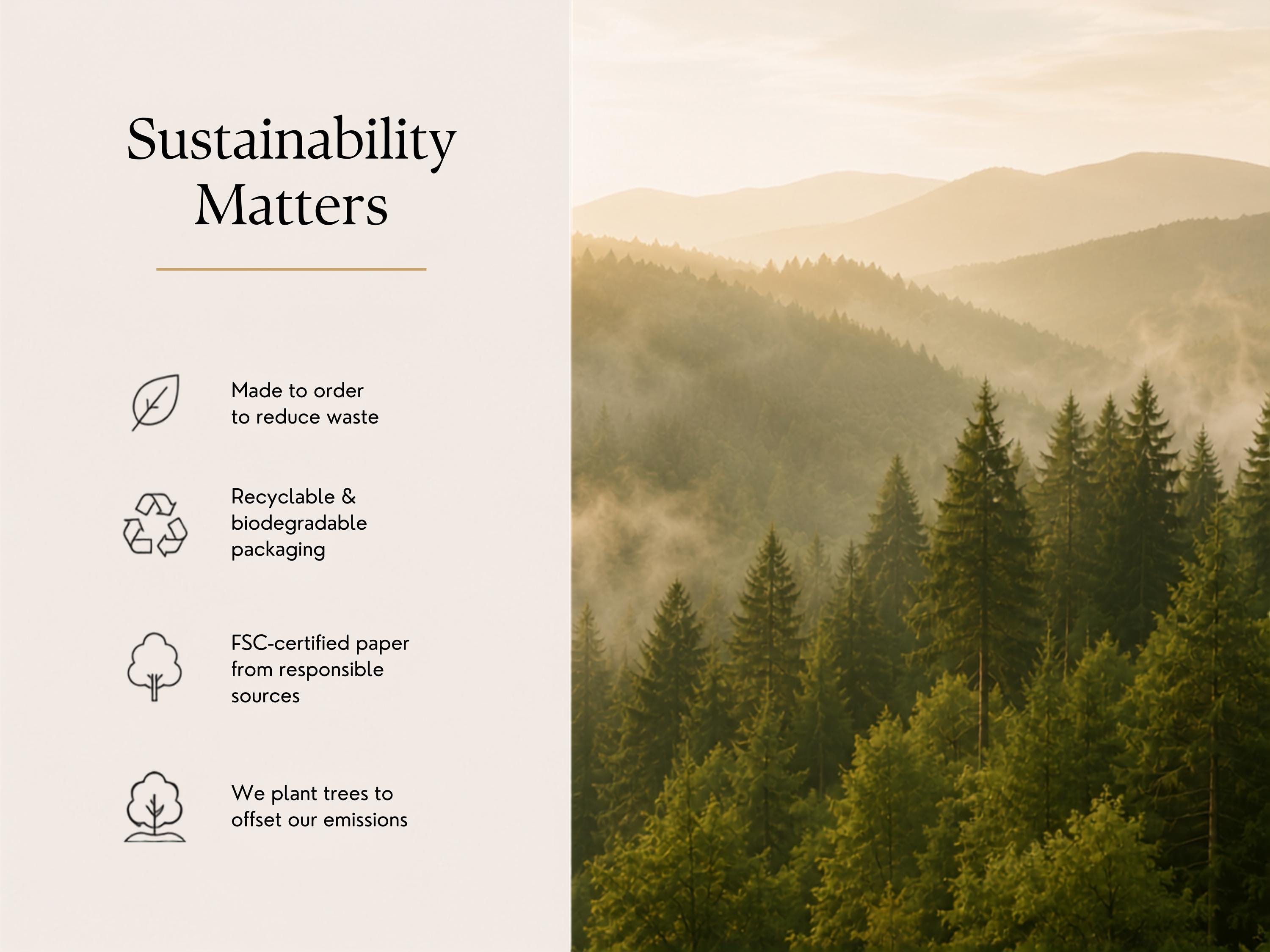 The image is a collage of several images depicting a forest with mountains in the background. The collage includes a close-up of the trees, a mountain range, and a cloudy sky. The text "Sustainability Matters" is displayed at the top, and the collage includes icons representing sustainable practices such as recycling, biodegradable packaging, and planting trees to offset emissions.
