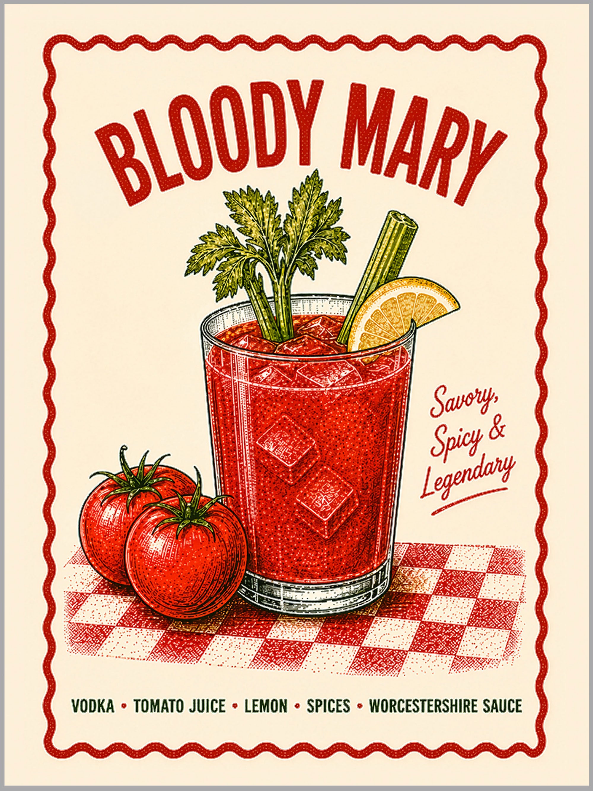 Bloody Mary Cocktail Print | Vintage Brunch Bar Wall Art | Retro Cocktail Poster