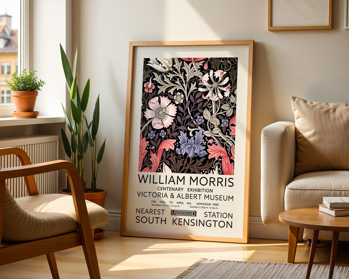 a poster for a William Morris Centenary Exhibition at the Victoria & Albert Museum, with details about the exhibition and admission.