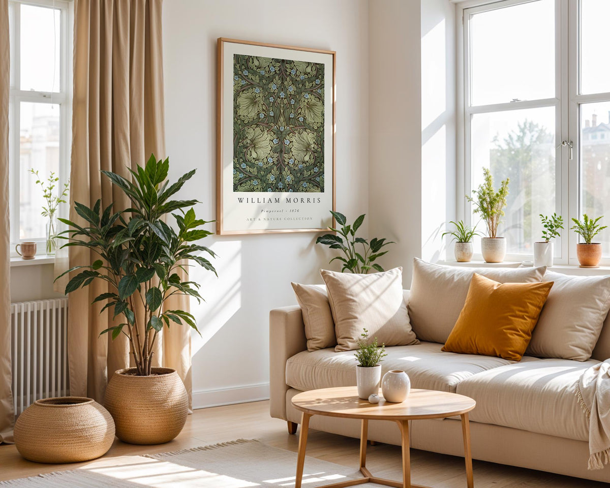 A cozy living room with a large window, a beige sofa, a coffee table, and several potted plants. A framed poster of a plant is hanging on the wall, and the room has a warm, inviting atmosphere.