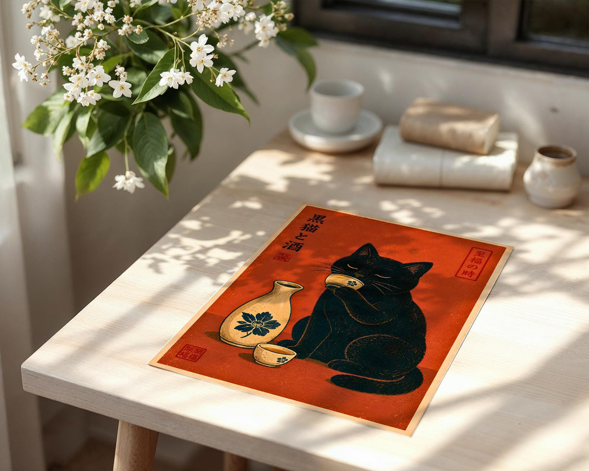 a black cat sitting on a table, with a vase of white flowers and a cup of tea nearby.