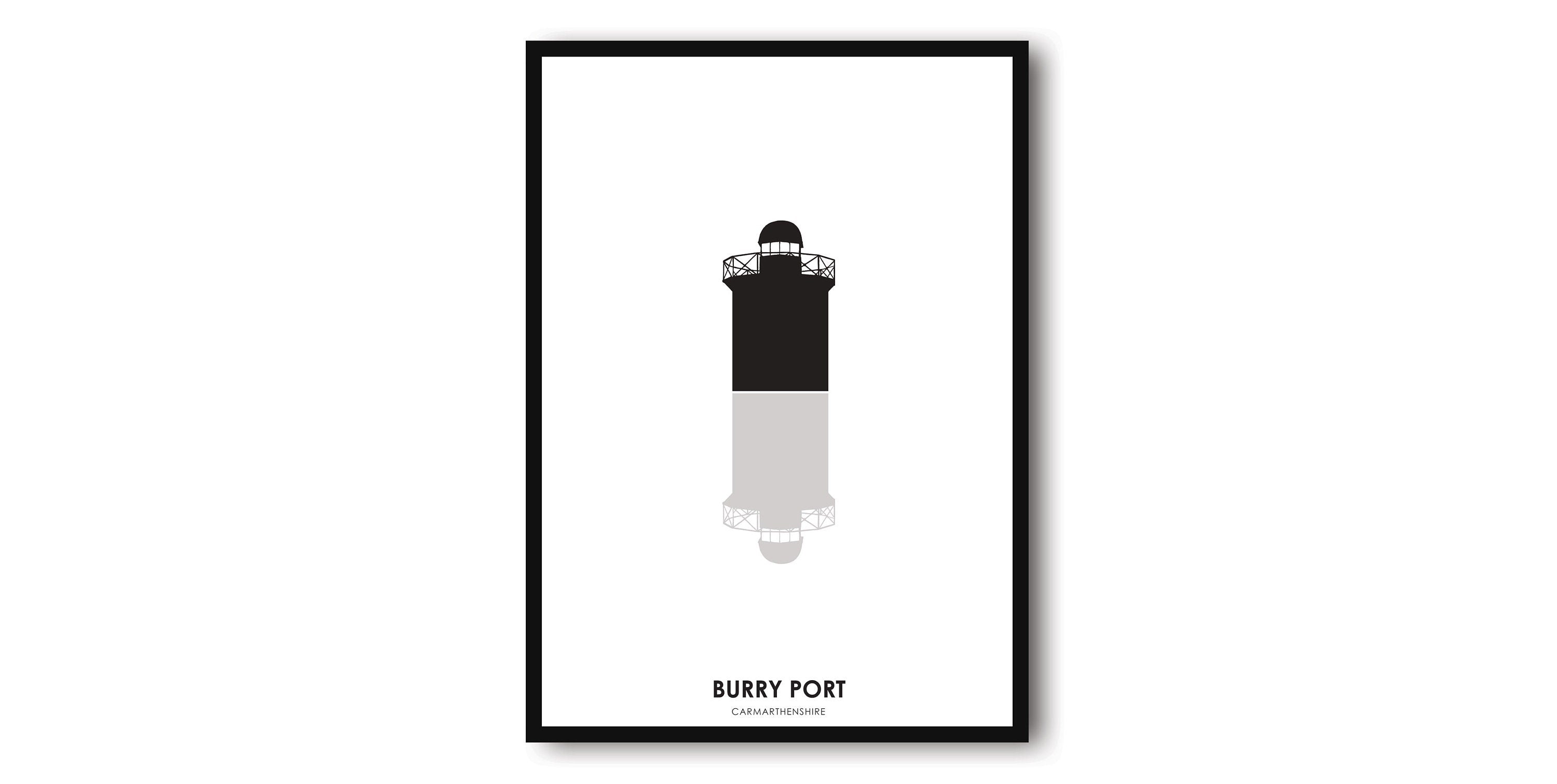 Burry Port Print, Print, Carmarthenshire, Print, Silhouette, Black and White, home, gift, wall hanging, drawing, Wales. Lighthouse,