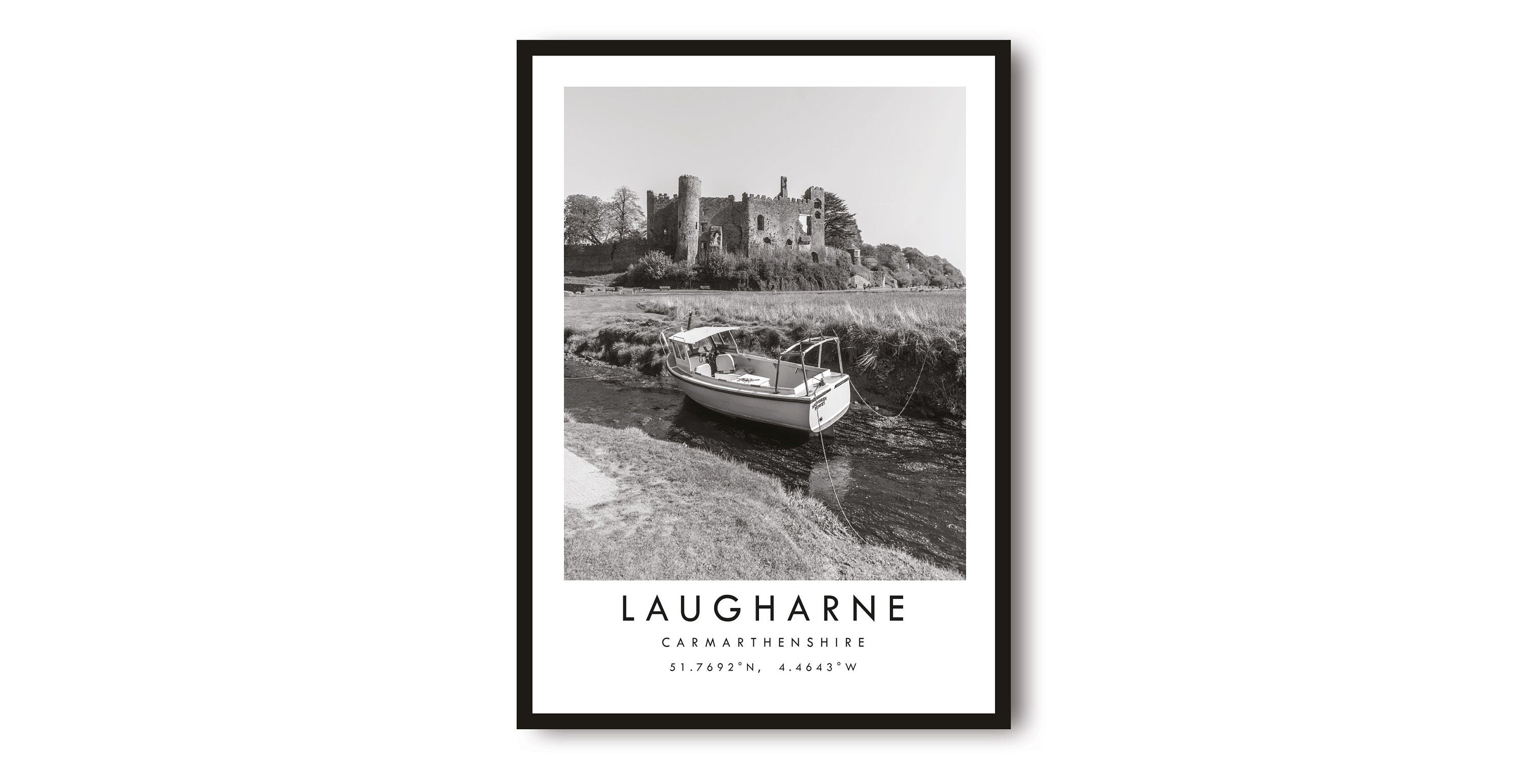 Laugharne Travel Print, Carmarthenshire Poster, Black and White Print, Unique Wall Art, Minimalist Home Decor, City A1/A2/A3/A4/A5