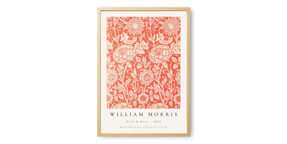 The image is a framed print featuring a red floral pattern with white flowers and leaves. The print is titled "William Morris Pink & Red Floral Pattern" and is part of the "William Morris Botanical Collection".