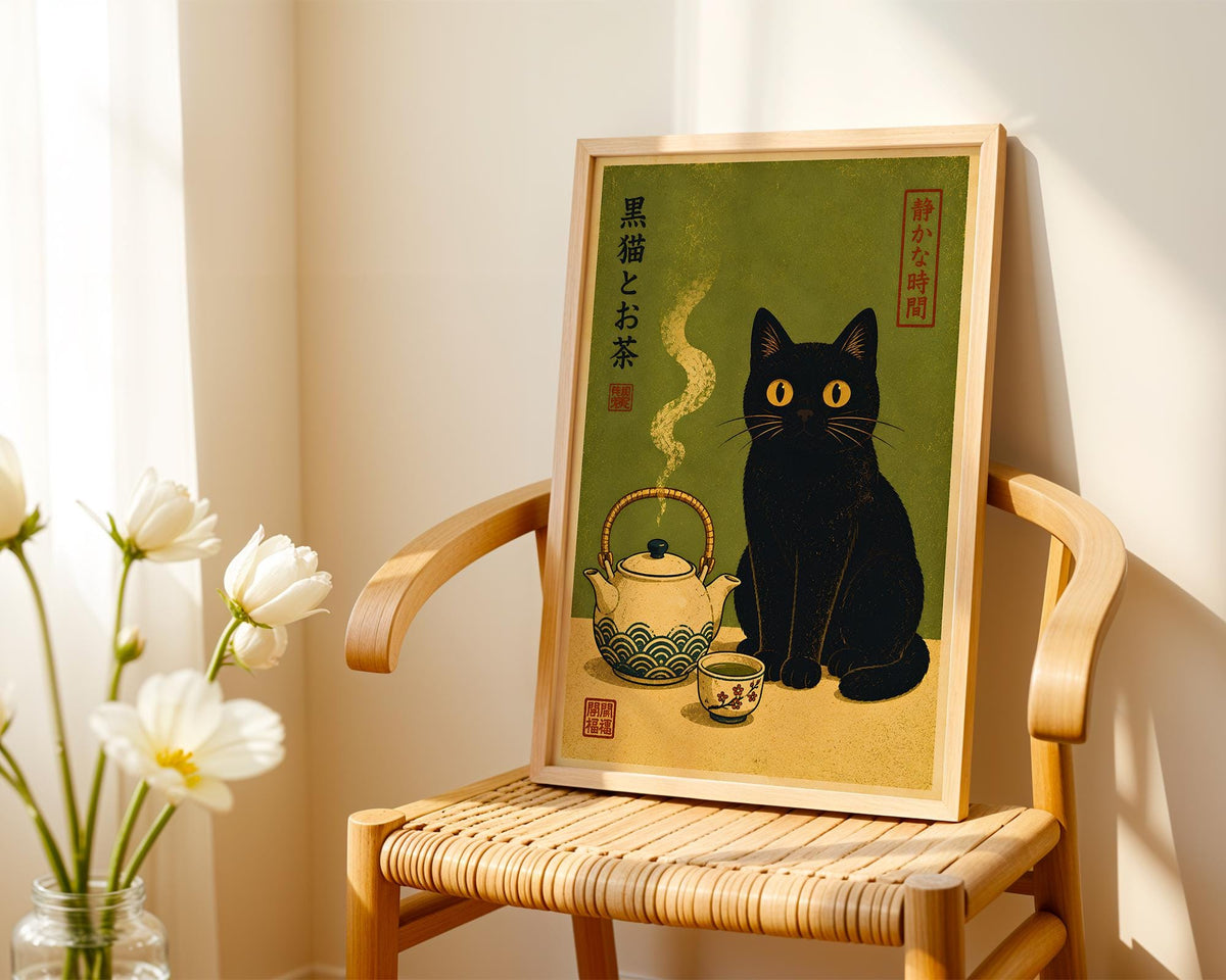 A framed illustration of a black cat sitting next to a teapot and cup, with a floral arrangement in the background.