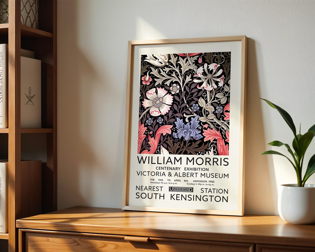 A framed poster of William Morris' "Century Exhibition" at the Victoria and Albert Museum, located in the South Kensington, London.