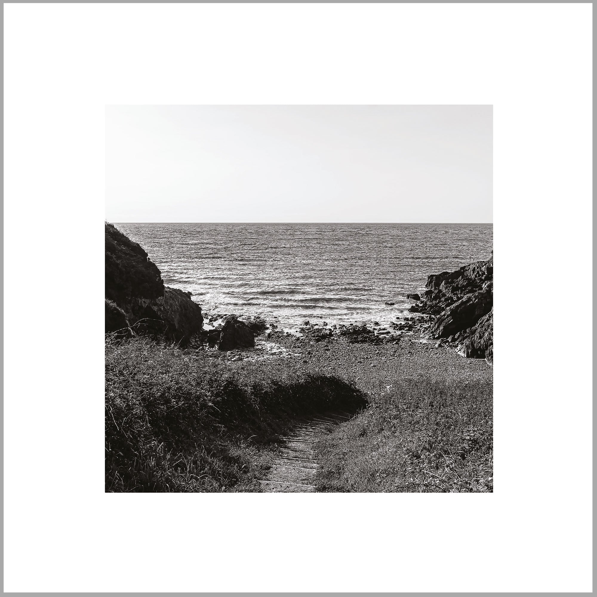 A black and white photograph depicting a rocky coastline with a path leading to the ocean, surrounded by grass and vegetation.