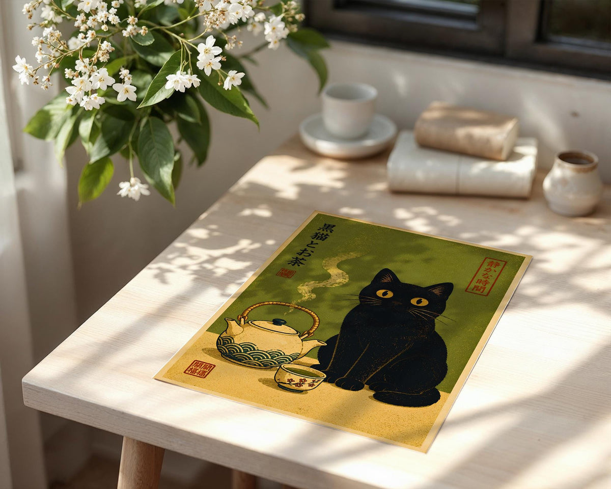 a black cat sitting on a table next to a teapot, with a potted plant and other items in the background.