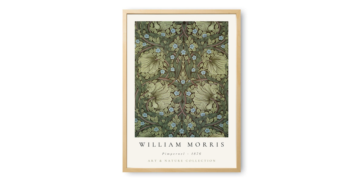 The image is a framed poster featuring a detailed floral pattern in shades of green and brown.