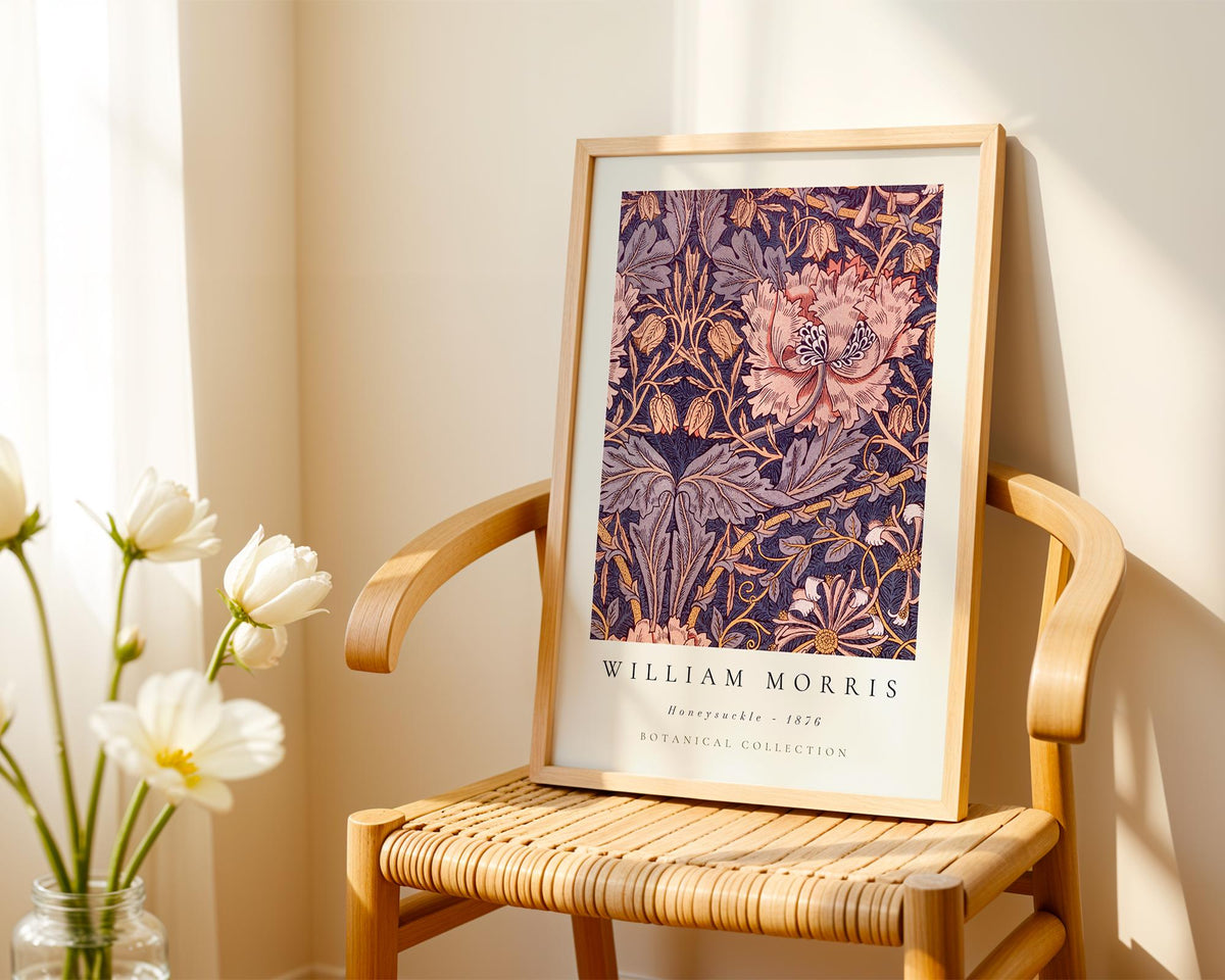 A framed print of William Morris' honeycomb pattern is displayed on a wooden chair, with a vase of white flowers to the left.