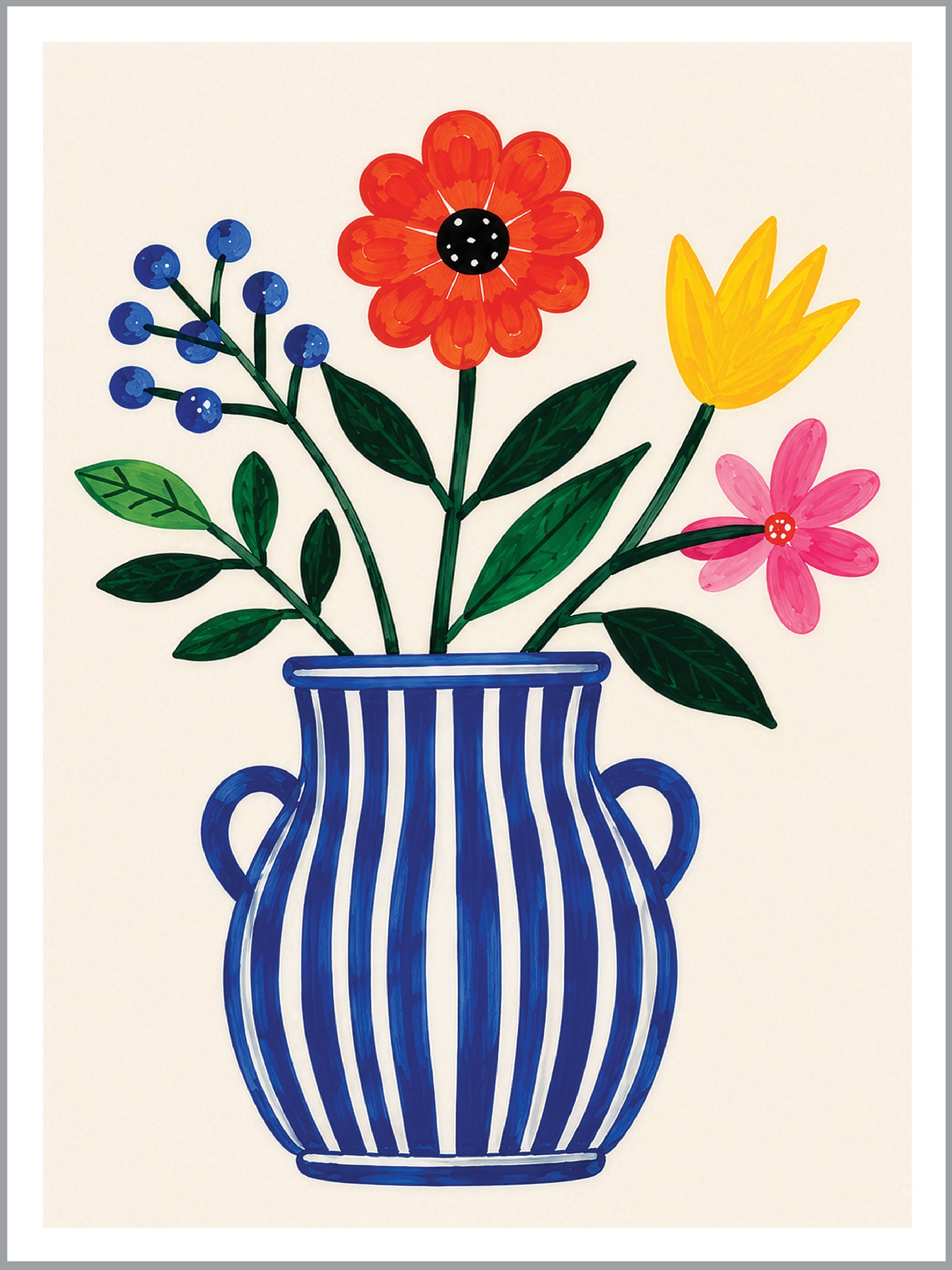 Blue Striped Vase Floral Print