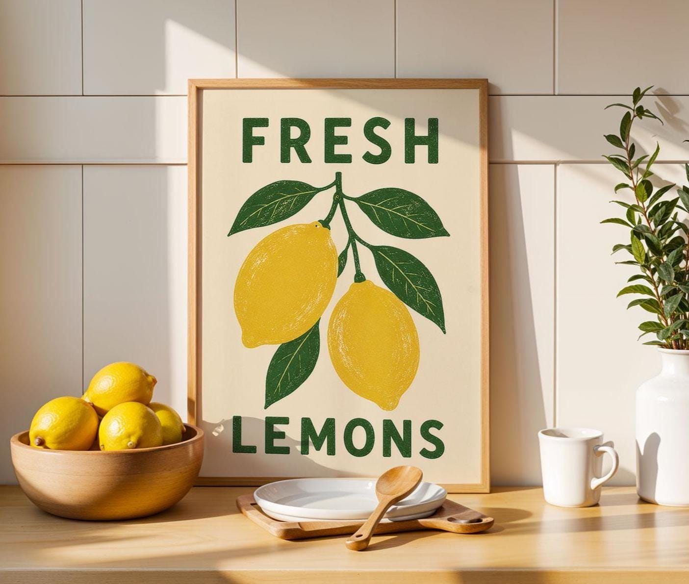 a kitchen counter with a framed sign that reads "FRESH LEMONS", a bowl of lemons, a white pitcher, a white mug, a wooden spoon, and a plant.