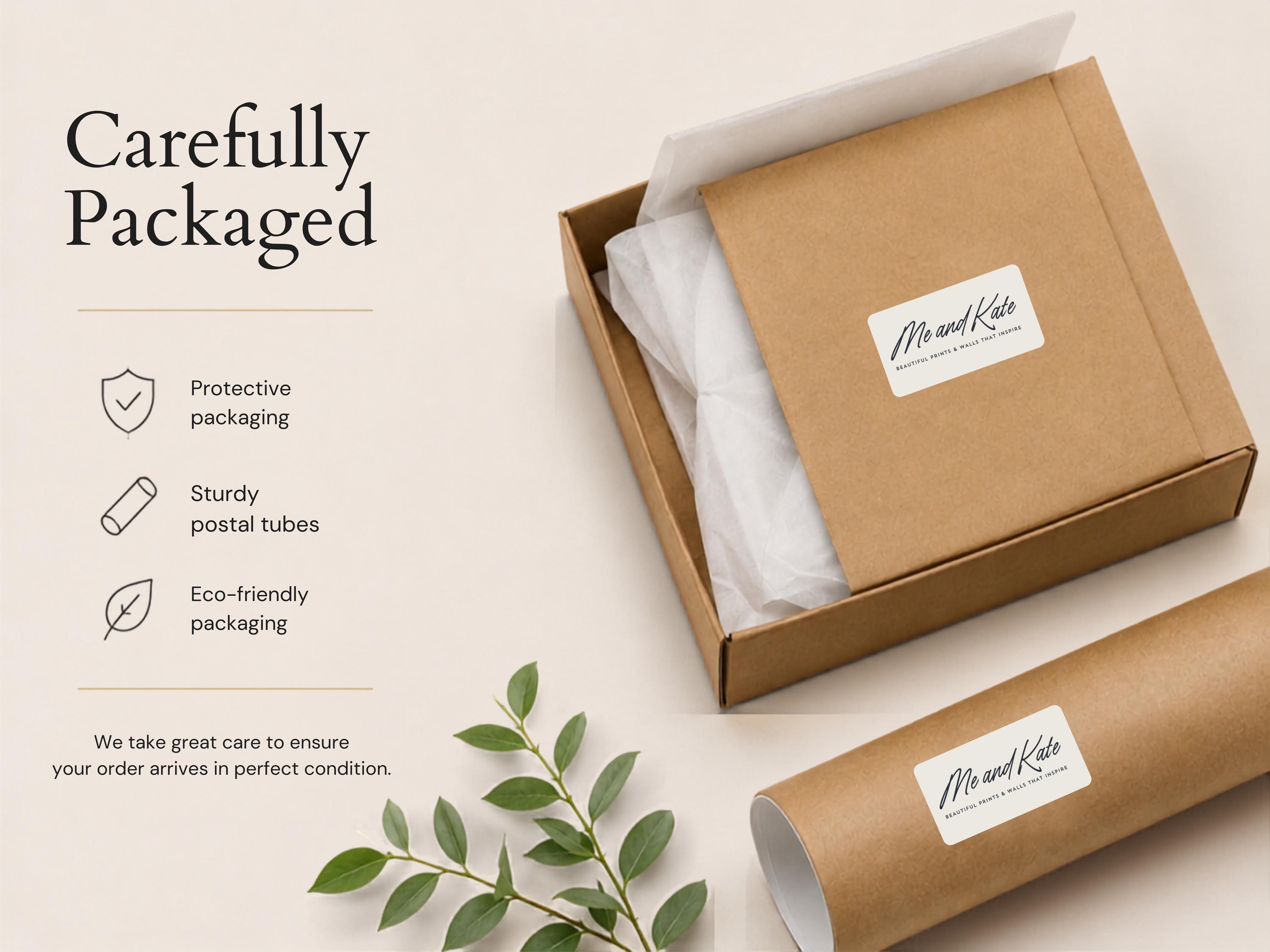 Carefully packaged, Mo and Kate's beautiful and eco-friendly packaging, with a cardboard box and a roll of paper tubes.