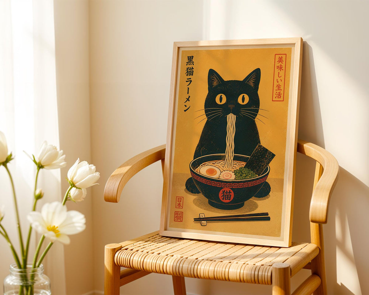 A framed illustration of a black cat sitting in a bowl of noodles, with a vase of white flowers on a chair in the background.