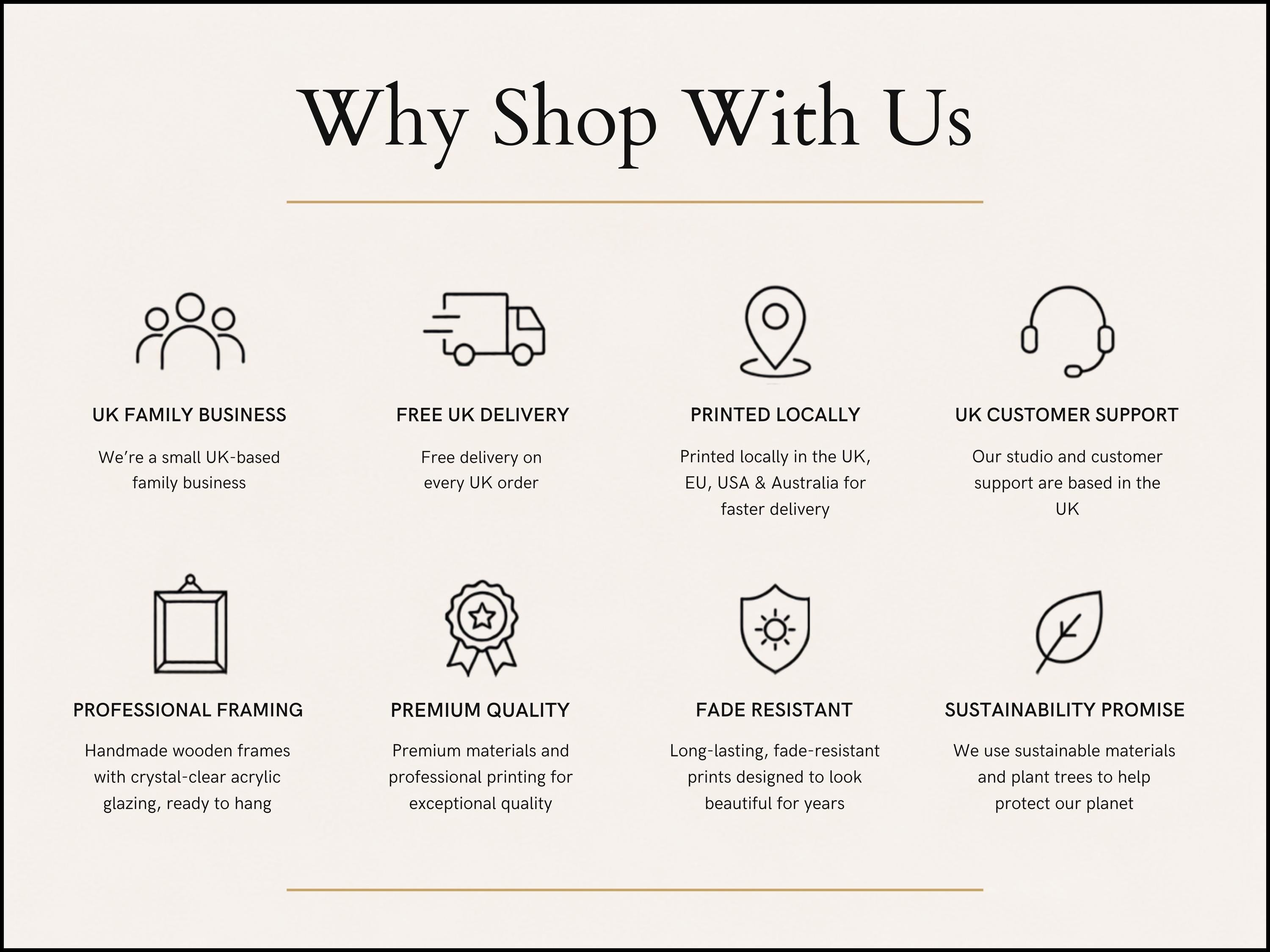 The image is a list of features and benefits of shopping with a particular company, including free delivery, UK family business support, premium quality, sustainability promise, and environmental framing.