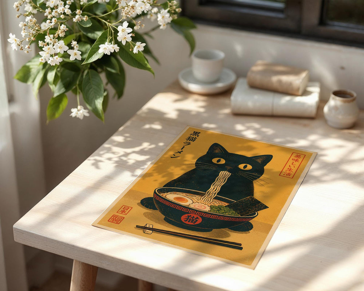 a table with a poster of a black cat eating noodles, a cup, a saucer, and a vase of white flowers.