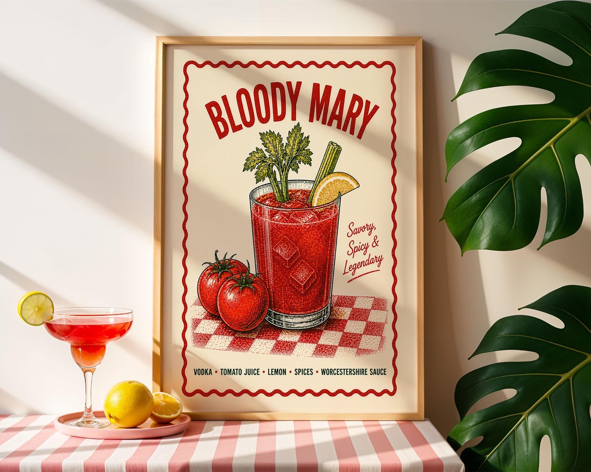 Bloody Mary Cocktail Print | Vintage Brunch Bar Wall Art | Retro Cocktail Poster