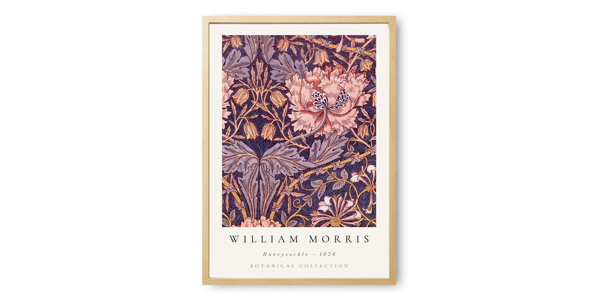 The image is a framed print featuring a detailed illustration of a floral pattern in shades of purple and pink.
