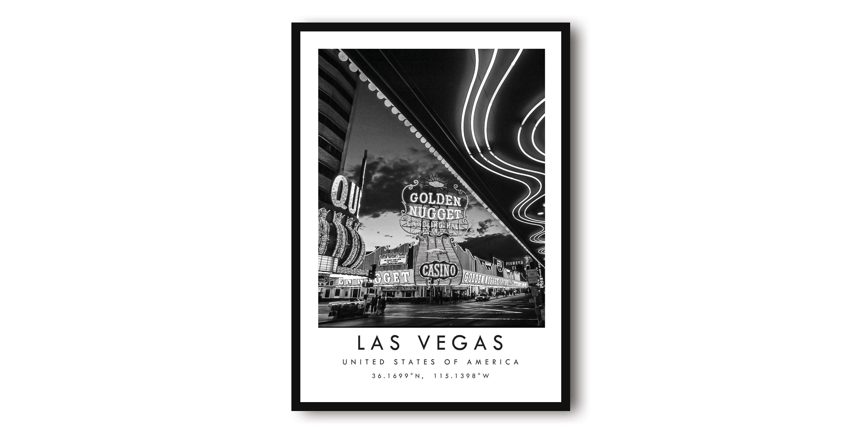 Las Vegas Travel Print, Las Vegas Poster, Unique Wallart Decor, Black and White Coordinates, America Las Vegas, Golden Nugget, Gallery Wall