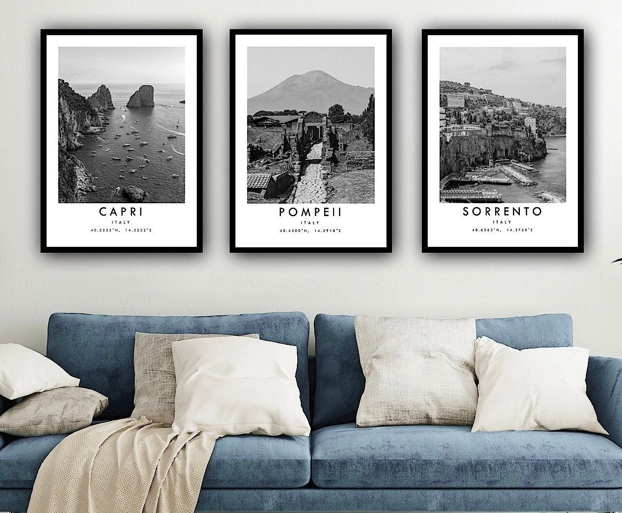 Italy Travel Prints Set of 3, Black and White Travel Print Set Capri Pompeii Sorrento, Minimalist Travel Posters, Popular Print