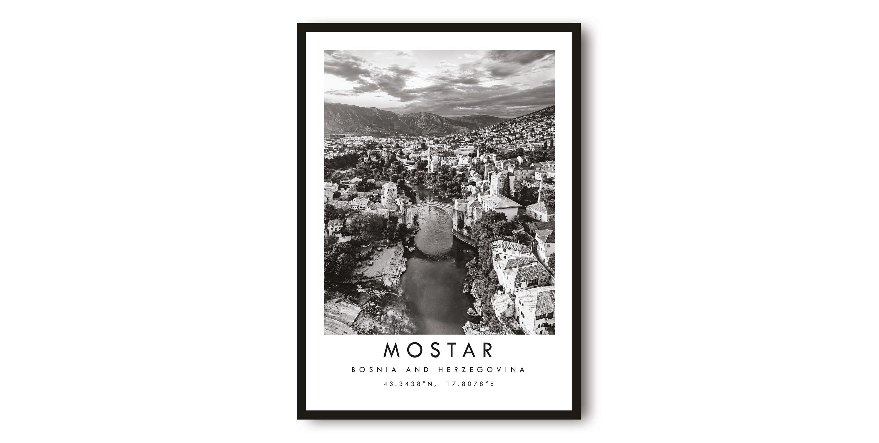 Mostar Travel Print, Bosnia Poster, Black and White Print, Unique Wall Art, Minimalist Home Decor, City A1/A2/A3/A4/A5