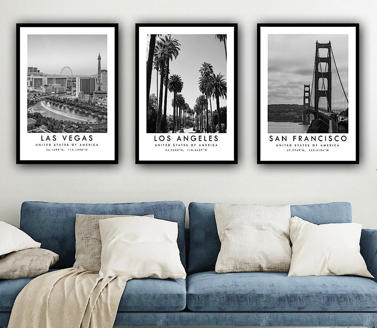 Set of 3 Travel Prints, America Travel Print Set Las Vegas Los Angeles San Francisco Minimalist Travel Posters, California prints
