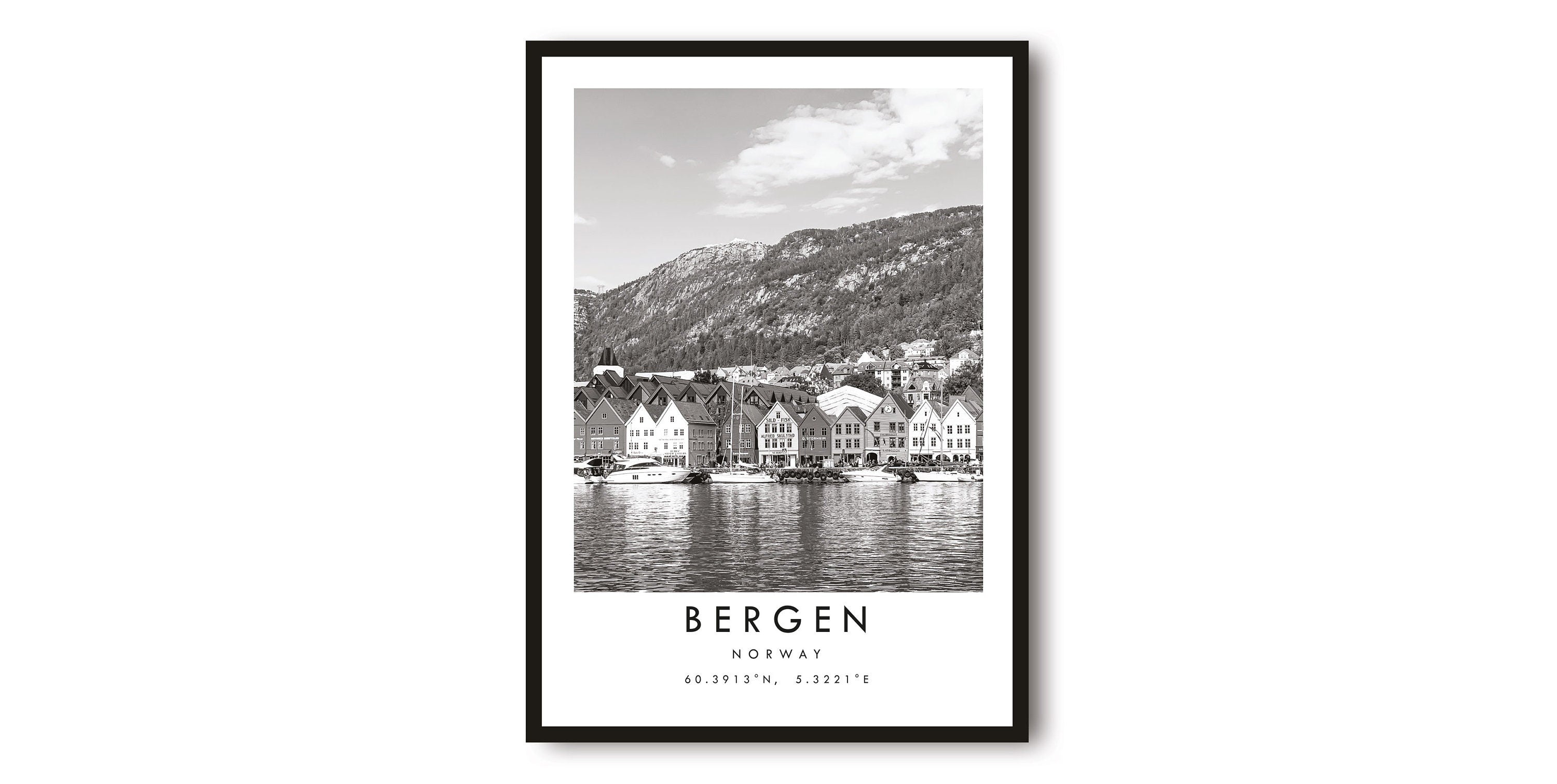 Bergen Travel Print, Norway Poster, Black and White Print, Unique Wall Art, Minimalist Home Decor, City Landmark Print A1/A2/A3/A4/A5